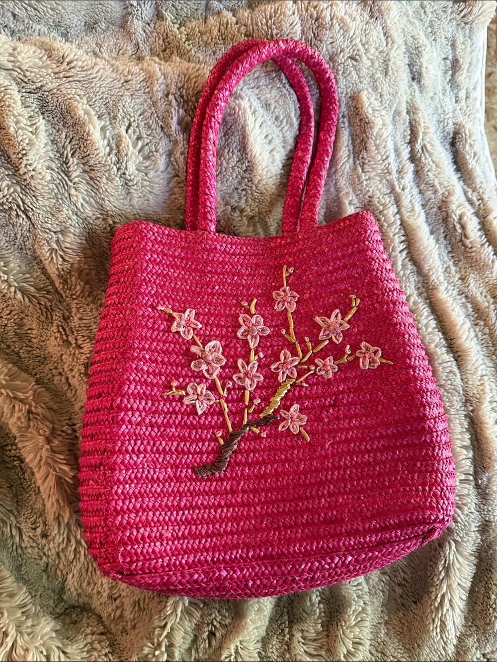 Pink Straw Tote Bag with Floral Embroidery